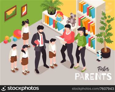 Isometric adoption custody composition with text and indoor view of children with adults and furniture items vector illustration
