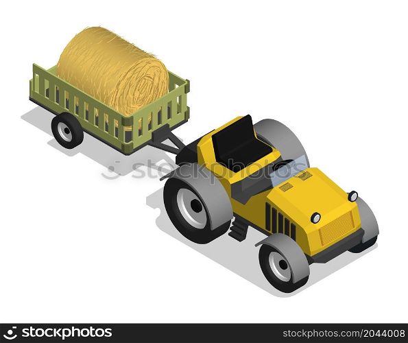 Isometric agricultural tractor with cart and roll of hay. Transport and equipment for transporting agricultural products on field. Realistic cartoon 3d vector isolated on white background