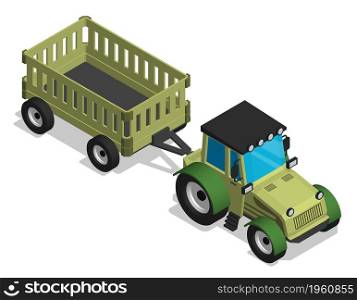 Isometric agricultural tractor with hay. Transport and equipment for transporting agricultural products on field. Realistic cartoon 3d vector isolated on white background
