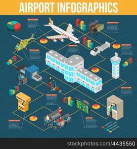 Isometric Airport Infographics. Airport infographics with diagrams and pie charts of airport elements on dark blue background isometric vector illustration