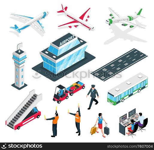 Isometric airport set with isolated icons of traffic control equipment terminal building controllers and team members vector illustration