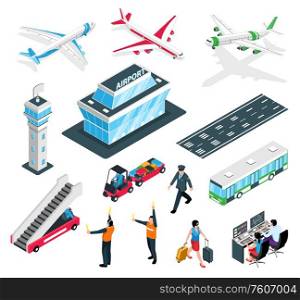 Isometric airport set with isolated icons of traffic control equipment terminal building controllers and team members vector illustration