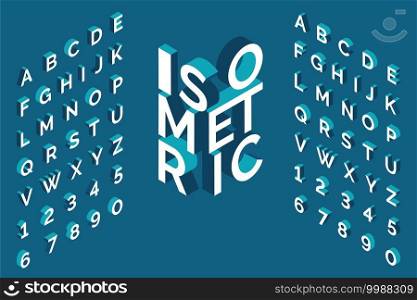 Isometric alphabet. 3d bold uppercase latin letters and numbers, geometric futuristic typography, cubic straight block english font different angles, simple abc isometry collection vector isolated set. Isometric alphabet. 3d bold uppercase latin letters and numbers, geometric futuristic typography, cubic straight block english font different angles, simple abc isometry vector isolated set