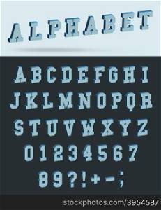 Isometric alphabet font with 3d effect letters and numbers. Vector illustration.. Isometric alphabet font.