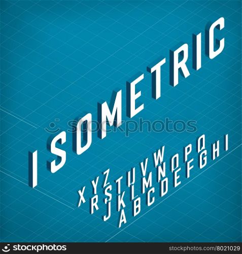 Isometric Alphabet. On blueprint abstract background. Two weights - bold and thin.