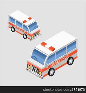 Isometric ambulance car in two projections. Vector