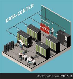 Isometric and colored datacenter composition with server room security and it staff vector illustration