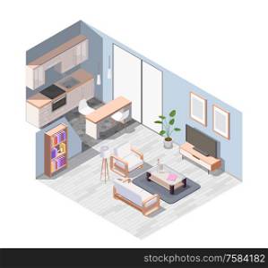 Isometric and colored interior furniture composition with equipped studio apartment with wooden furniture vector illustration. Interior Furniture Isometric Composition