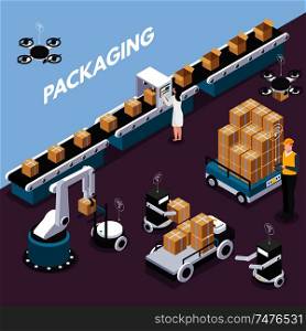 Isometric and colored smart industry concept with packaging step at the factory vector illustration