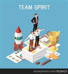 Isometric and colored soft skills concept with team spirit headline and three colleagues support each other vector illustration