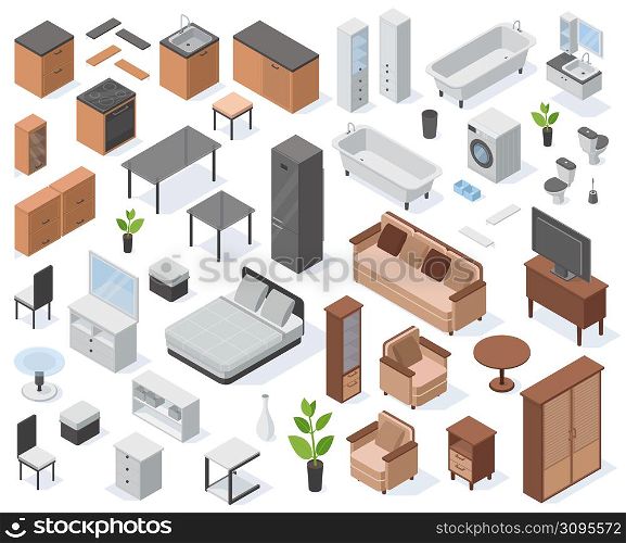Isometric apartment 3d furniture, home interior elements. Modern living room, kitchen and bathroom elements vector illustration set. Apartment interior icons. Furniture isometric house. Isometric apartment 3d furniture, home interior elements. Modern living room, kitchen and bathroom elements vector illustration set. Apartment interior icons