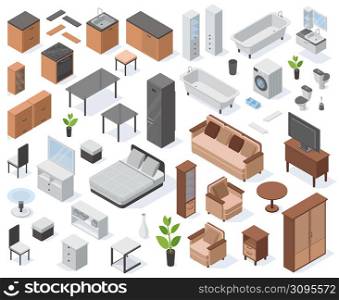 Isometric apartment 3d furniture, home interior elements. Modern living room, kitchen and bathroom elements vector illustration set. Apartment interior icons. Furniture isometric house. Isometric apartment 3d furniture, home interior elements. Modern living room, kitchen and bathroom elements vector illustration set. Apartment interior icons
