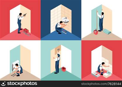 Isometric apartment repair design concept 3x2 set of square compositions with builders and finishers human characters vector illustration