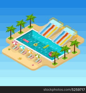 Isometric Aqua Park Composition. Isometric aqua park composition looks like isolated island in the middle of the sea vector illustration