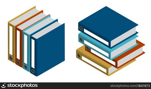 isometric archive with documents. Storage of accounting, financial and personal documents in archive. Stack of folders. Realistic 3D vector