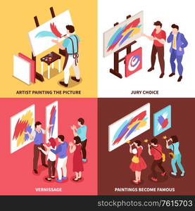 Isometric art gallery design concept with 2x2 set of compositions with exhibition participants artists and paintings vector illustration