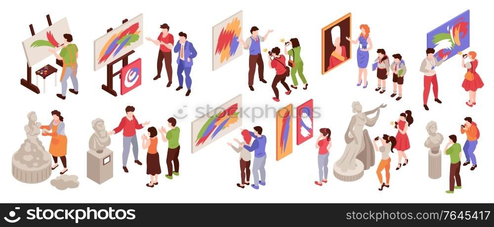 Isometric art gallery icon set with human characters of artists and exhibition visitors on blank background vector illustration
