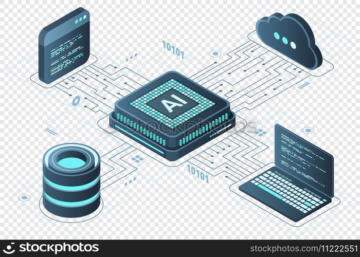 Isometric artificial intelligence chip concept. Artificial Intelligence server. Futuristic microchip processor. Isometric cloud computing. Vector illustration