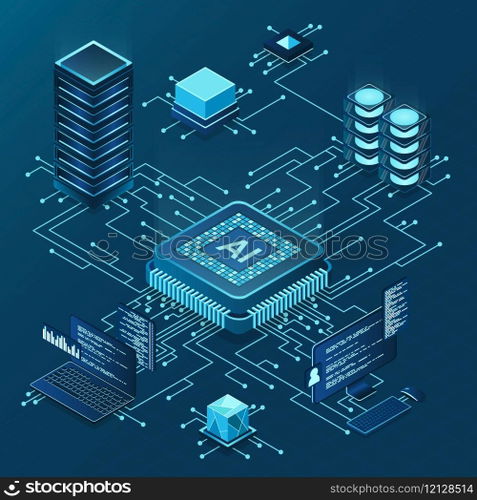 Isometric artificial intelligence chip concept. Artificial Intelligence server. Futuristic microchip processor. Isometric cloud computing. Vector illustration