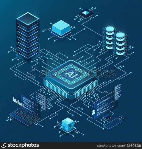 Isometric artificial intelligence chip concept. Artificial Intelligence server. Futuristic microchip processor. Isometric cloud computing. Vector illustration