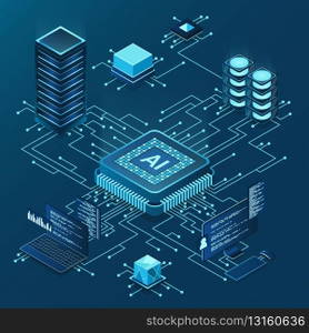 Isometric artificial intelligence chip concept. Artificial Intelligence server. Futuristic microchip processor. Isometric cloud computing. Vector illustration