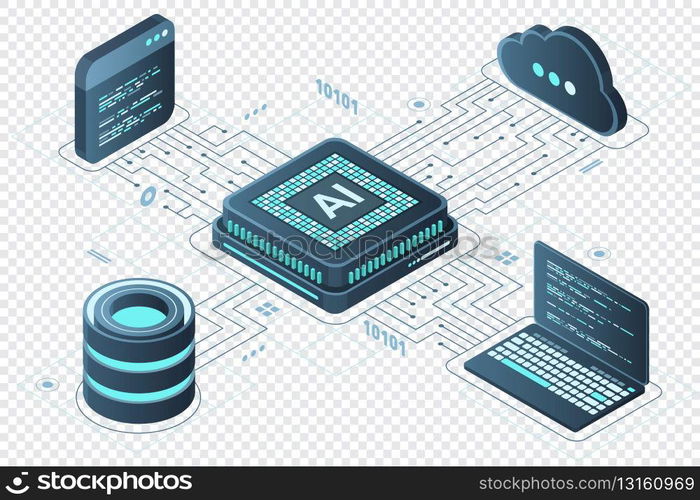 Isometric artificial intelligence chip concept. Artificial Intelligence server. Futuristic microchip processor. Isometric cloud computing. Vector illustration