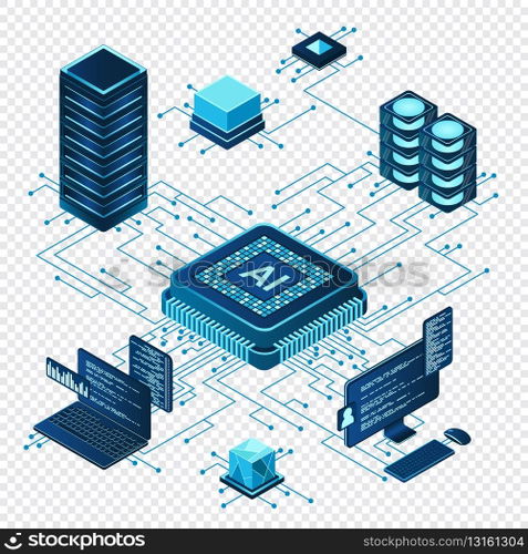 Isometric artificial intelligence chip concept. Artificial Intelligence server. Futuristic microchip processor. Isometric cloud computing. Vector illustration