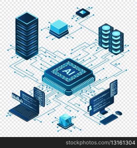 Isometric artificial intelligence chip concept. Artificial Intelligence server. Futuristic microchip processor. Isometric cloud computing. Vector illustration