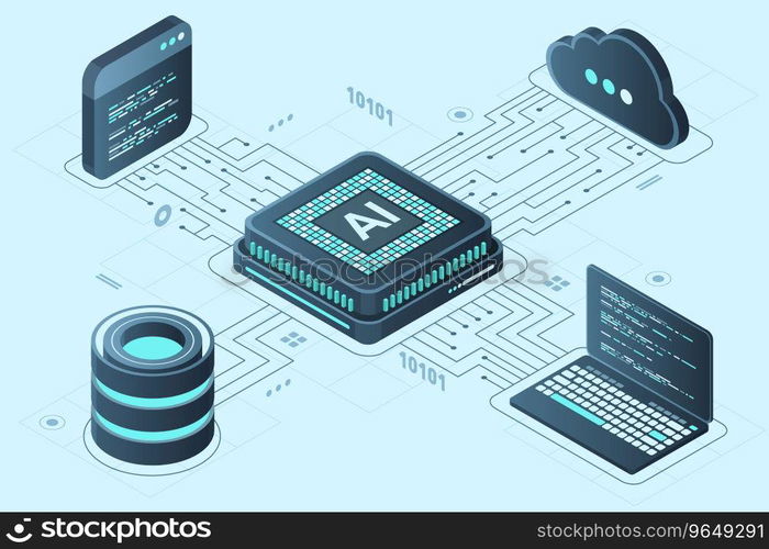 Isometric artificial intelligence chip concept. Artificial Intelligence server. Futuristic microchip processor. Isometric cloud computing. Vector illustration