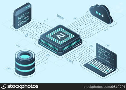 Isometric artificial intelligence chip concept. Artificial Intelligence server. Futuristic microchip processor. Isometric cloud computing. Vector illustration