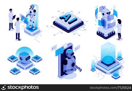 Isometric artificial intelligence. Digital brain neural network, AI servers and robots technology, artificial bot mind and intelligent robotic building. Isolated vector illustration icons set. Isometric artificial intelligence. Digital brain neural network, AI servers and robots technology vector illustration set