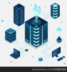 Isometric artificial intelligence technology. Isometric cloud computing concept. Artificial intelligence neural network future technology. Server computers