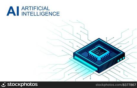 Isometric Artificial intelligence web banner. 3D isometric illustration of a processor chip. The process of data processing. Developments in modern technologies. Microcircuits on neon glowing background