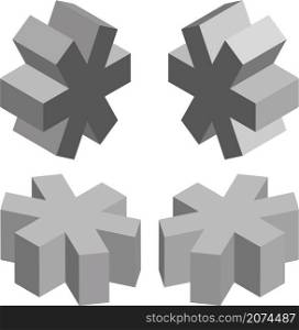 Isometric asterisk symbol. Template for creating logos, emblems, monograms. Black and white. 3D art symbol illustration