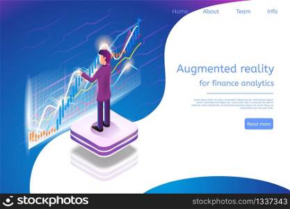 Isometric Augmented Reality for Finance Analytics. Vector Banner Illustration Man Broker are Working Analytics Business Graph Finance Graph. Stock Trading in Online Financial Market