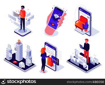 Isometric augmented reality smartphone. Mobile AR platform, virtual game and smartphones 3d navigation. Future communication resource technology. Vector concept isolated icons illustration set. Isometric augmented reality smartphone. Mobile AR platform, virtual game and smartphones 3d navigation vector concept illustration set