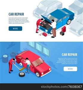 Isometric auto repair horizontal banners set with editable text more button car parts and working people vector illustration