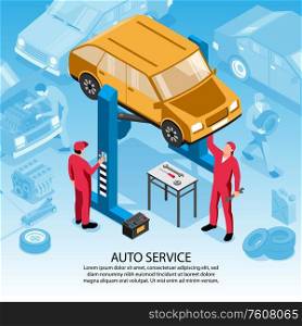 Isometric auto repair square background with editable text and composition of car images and human characters vector illustration