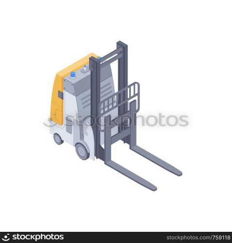 Isometric automated electric forklift. Smart forklift for lifting and moving pallets within a warehouse. Design for landing page of modern logistics center. Vector 3d illustration on white background.. Electric forklift isometric vector illustration