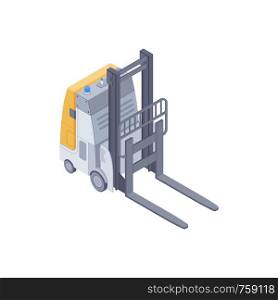 Isometric automated electric forklift. Smart forklift for lifting and moving pallets within a warehouse. Design for landing page of modern logistics center. Vector 3d illustration on white background.. Electric forklift isometric vector illustration