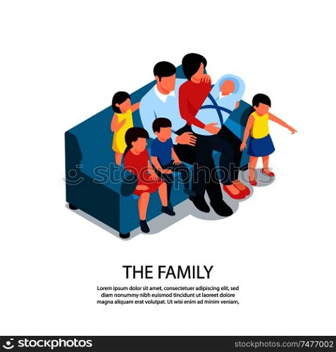 Isometric baby kids children composition with editable text and characters of large family members on sofa vector illustration