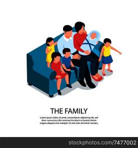 Isometric baby kids children composition with editable text and characters of large family members on sofa vector illustration