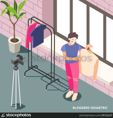 Isometric background with female fashion blogger holding sweater and shooting video with camera 3d vector illustration