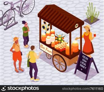 Isometric background with honey shop at local outdoor farm market 3d vector illustration