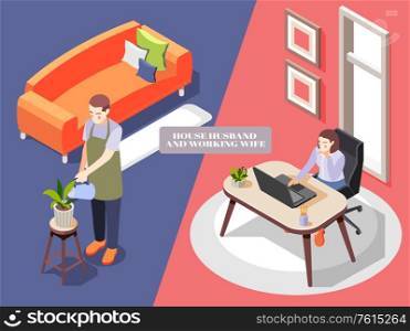 Isometric background with house husband in apron watering flowers and woman working at office 3d isolated vector illustration