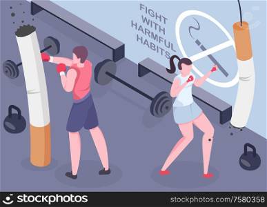 Isometric background with man and woman struggling with smoking addiction 3d vector illustration