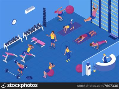Isometric background with people doing cardio and weight training with fitness equipment at gym 3d vector illustration