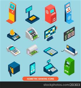 Isometric banking icons set with atm and cash machines isolated vector illustration. Isometric Banking Icons Set