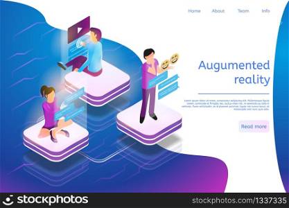 Isometric Banner Augmented Reality Everyday Life. Vector Illustration Online Communication. Friend Chatting. Man and Woman Use Modern Technology to Maintain Communication at Distance. Watching Video