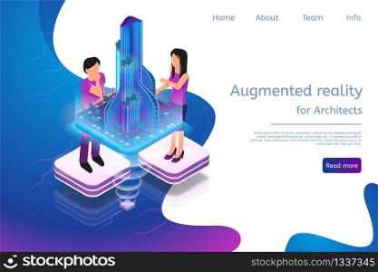 Isometric Banner Augmented Reality for Architects. Vector Illustration Man and Woman Working Architectural Project. Graphic Projection Building Structure City. Technology Future Work and Business